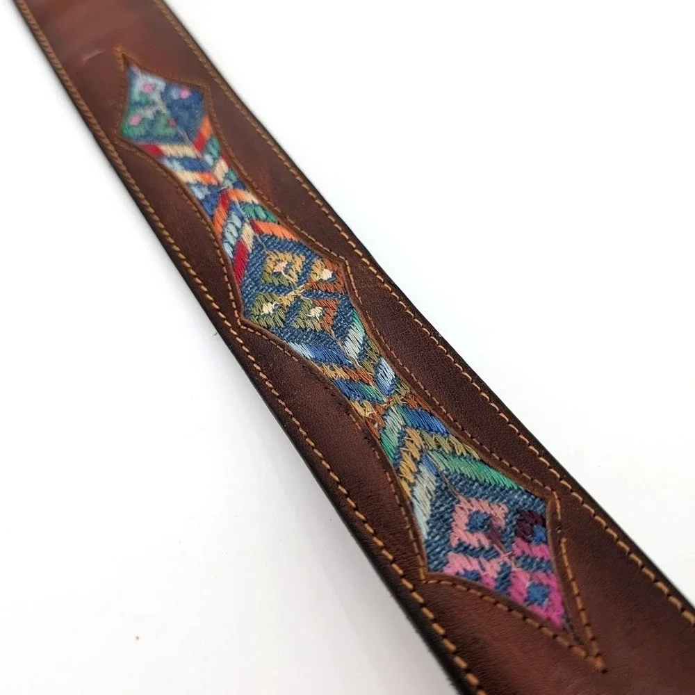 Vintage Leather Belt Lattigo Geometric Colorful Embroidered Inlay Brass 30
